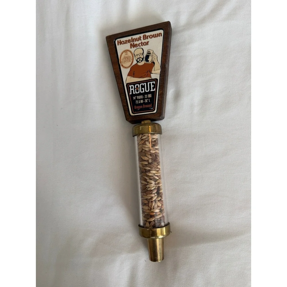 Rogue Ales Hazelnut Brown Nectar Beer Tap Handle Wood Brass Grain Filled Rare